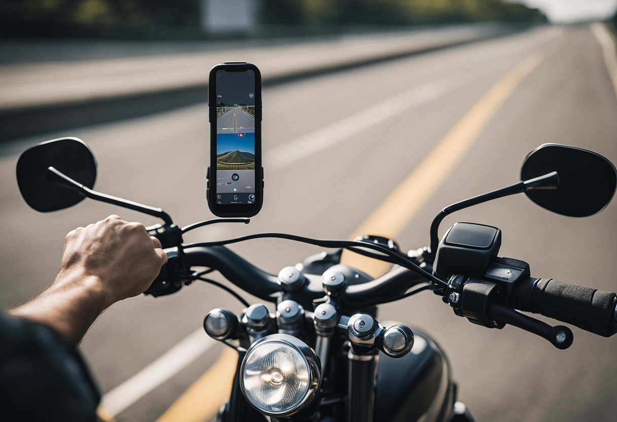 Motorcycle hand signals being used by riders, with a guidebook on legal considerations in the background