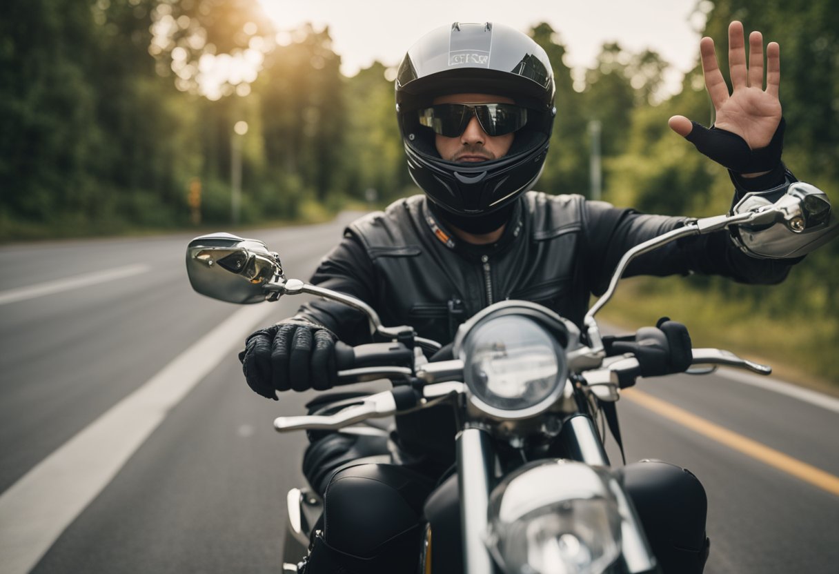 Motorcycle hand signals: Rider extends left arm for left turn, right arm for right turn, and downward arm for stop