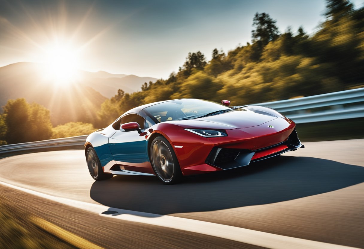 A sleek sports car speeding down a winding road, with the sun shining and a clear blue sky in the background, showcasing top performance tires for summer driving