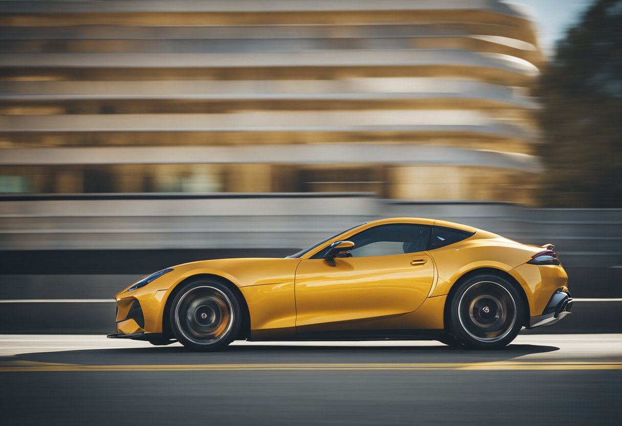 A sleek sports car speeding down a sun-drenched highway, with high-performance summer tires gripping the pavement for maximum traction and control