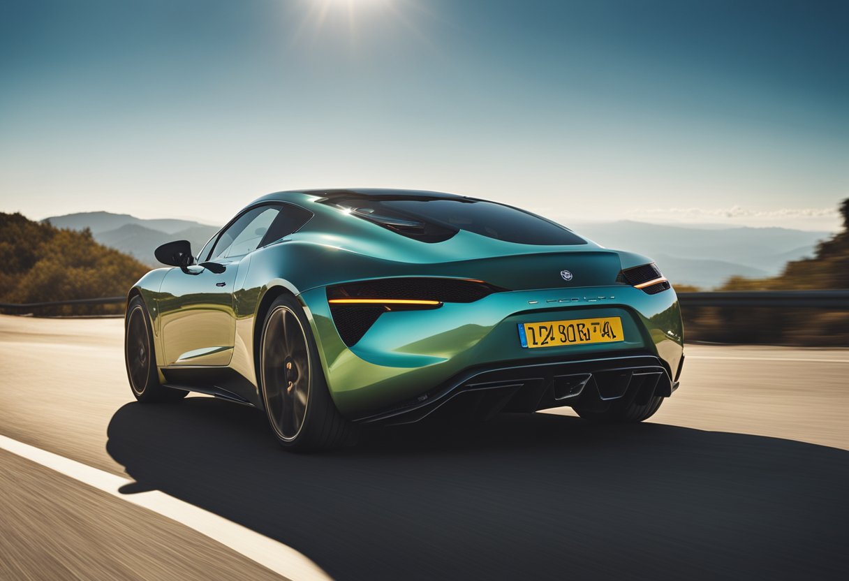 A sleek sports car speeds along a winding road, with the sun shining and clear blue skies overhead. The tires grip the pavement, showcasing their top performance for summer driving