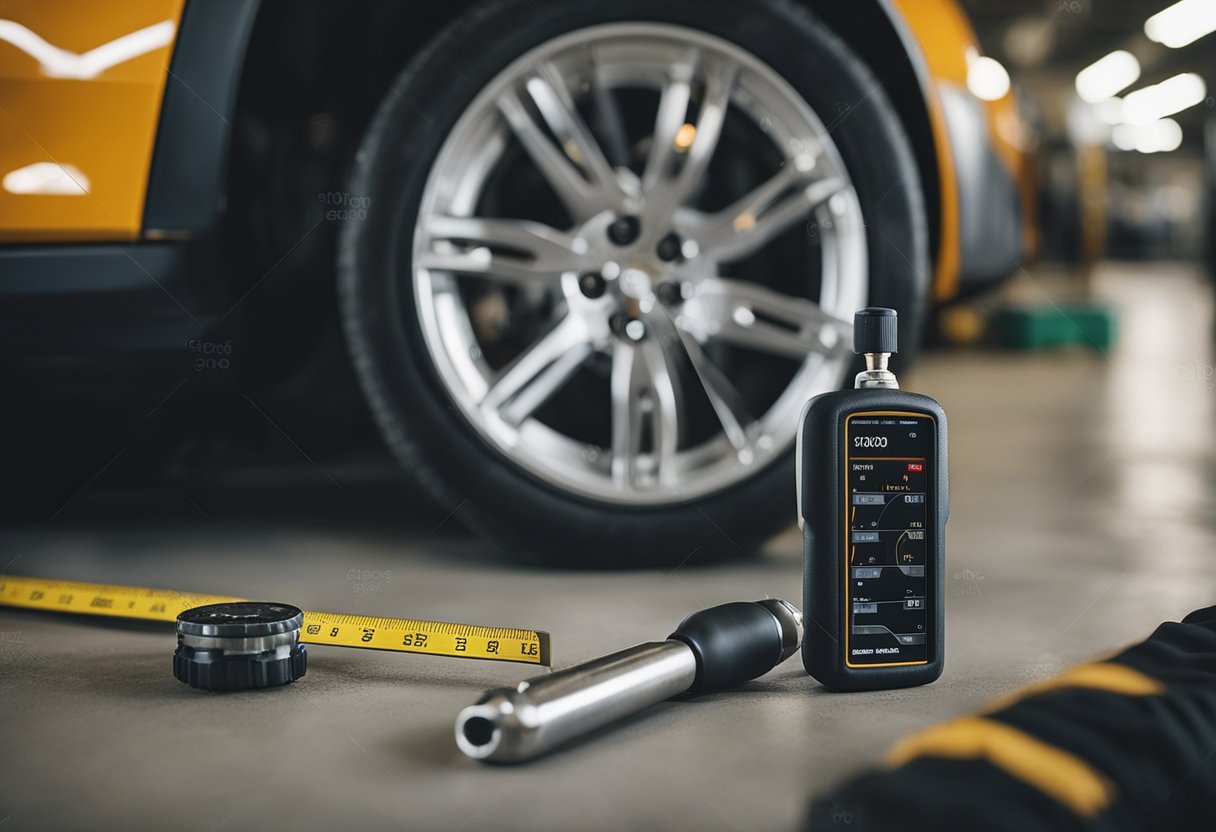 A mechanic checks tire pressure and tread depth in a well-lit garage. Tools and a tire gauge are neatly organized on a workbench