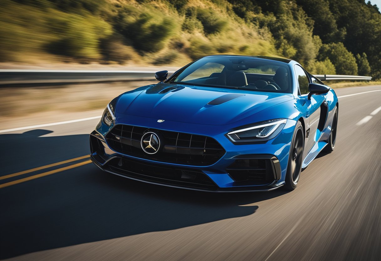 A sports car speeding down a sun-drenched highway, with sleek, high-performance tires gripping the asphalt. Clear blue skies and vibrant green foliage surround the road