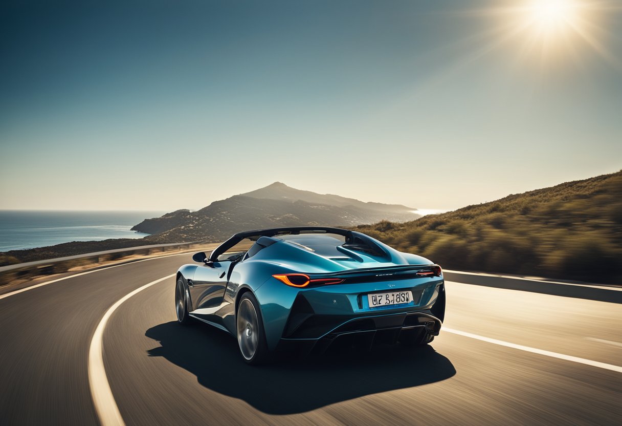 A sleek sports car speeds along a winding coastal road, with the sun shining and the ocean in the background. The tires grip the pavement, showcasing their top performance for summer driving