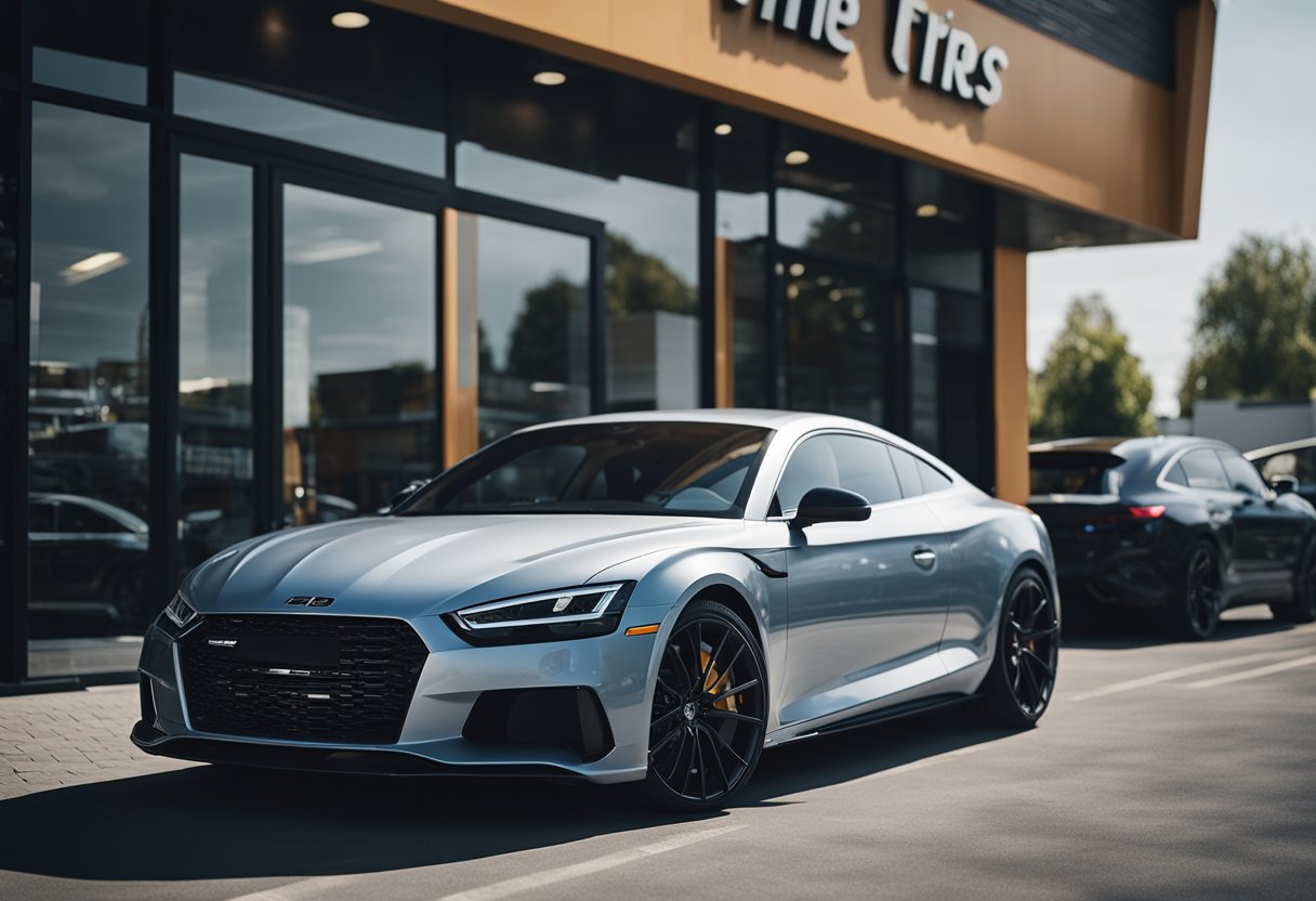 A sleek, modern vehicle parked in front of a tire shop, with a display of high-performance summer tires in the window