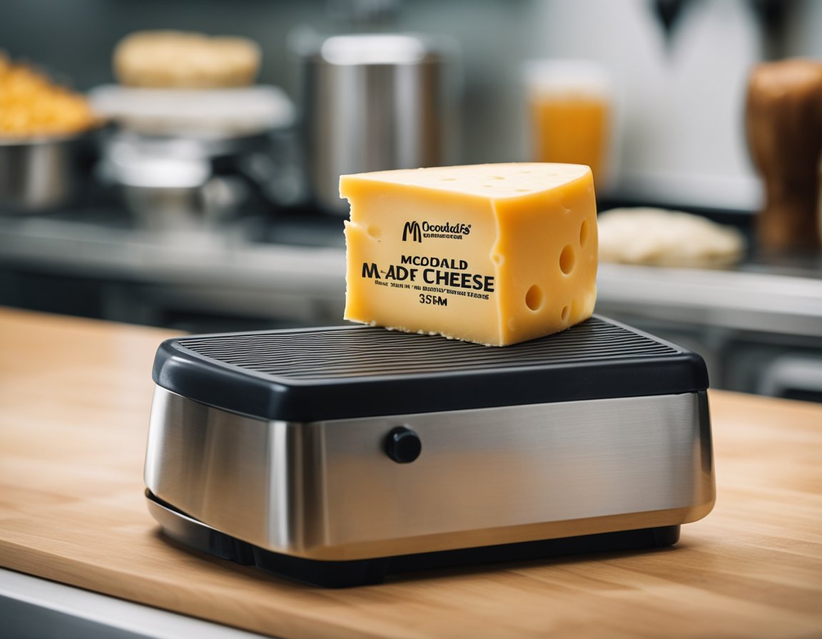 A block of cheese labeled "McDonald's cheese" sits on a stainless steel counter next to a cheese slicer