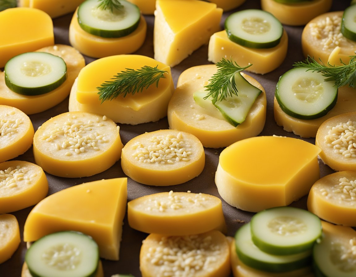 Yellow cheese slices arranged on a sesame seed bun, with pickles and onions peeking out from underneath