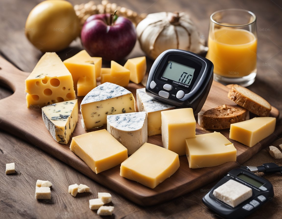 A variety of cheeses arranged on a wooden board with a measuring tape and blood sugar monitor in the background