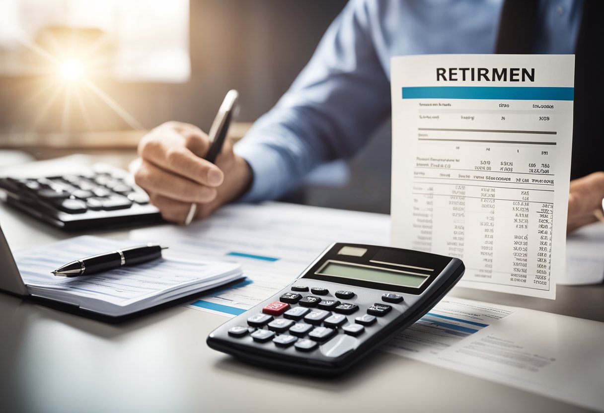 A table with financial documents, retirement savings graph, and a calculator on a desk