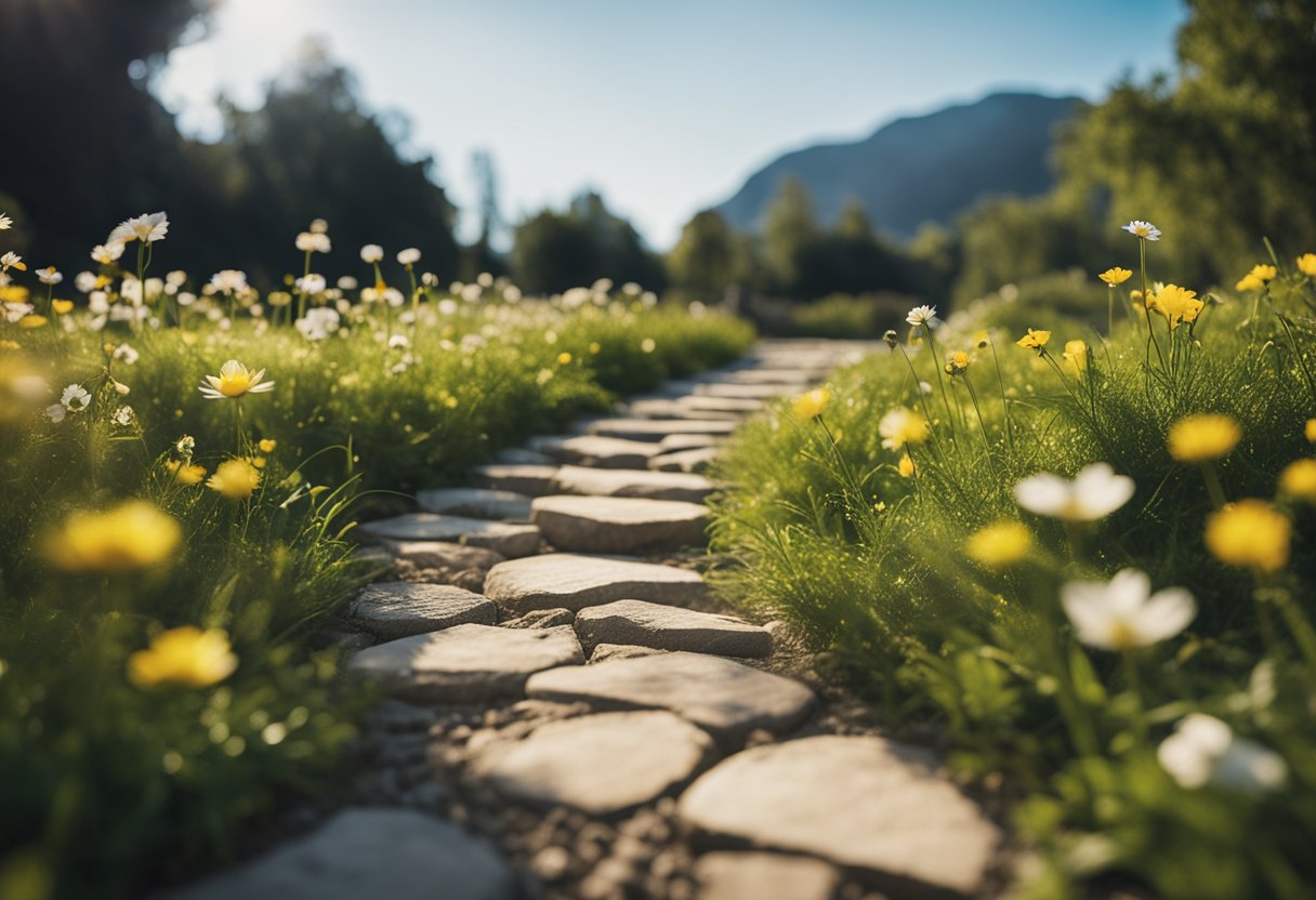 A peaceful, serene setting with a clear path leading towards a bright and prosperous future, surrounded by symbols of financial stability and security