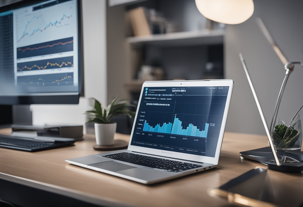 A desk with a laptop, financial charts, and investment books. A retirement savings plan on the wall. Risk management strategies visible