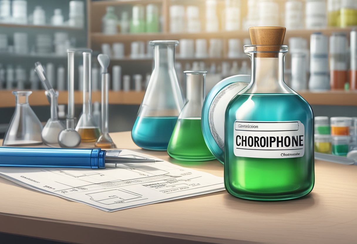 A glass vial containing 4'-Chloropropiophenone, with a label indicating its name and chemical formula, sitting on a laboratory bench surrounded by various scientific equipment and tools