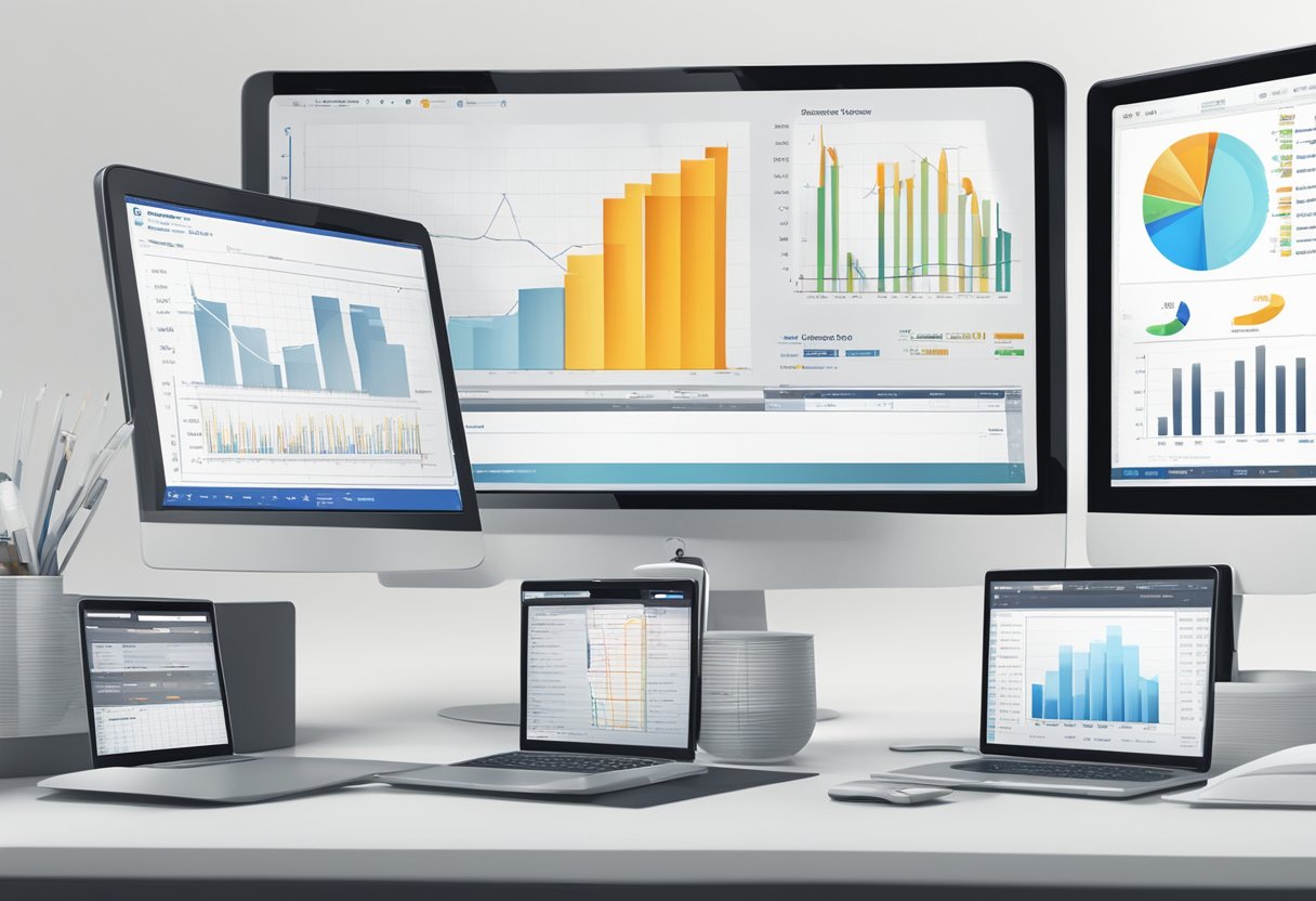 Oil and gas company logos displayed on computer screens with accounting software interfaces. Graphs and charts show financial data
