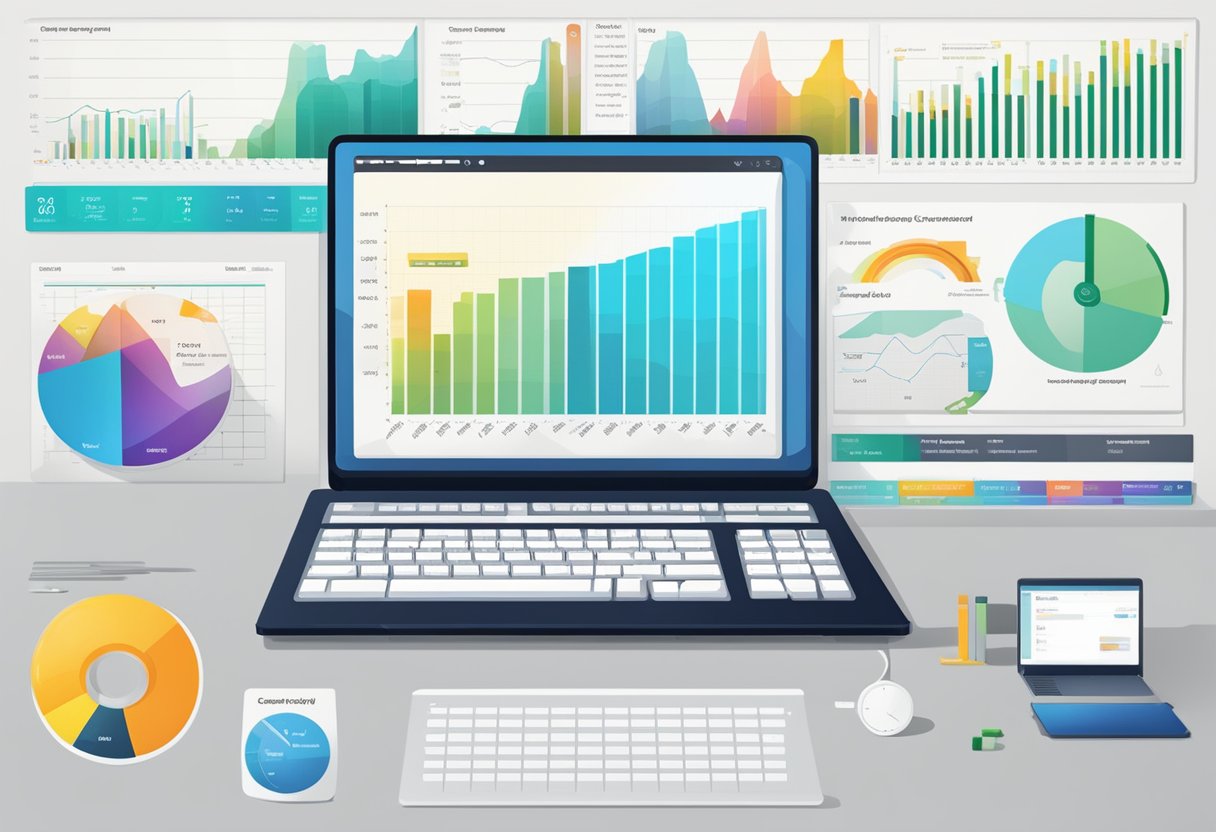 A computer screen displays accounting software tailored for oil and gas industry, with charts, graphs, and financial data
