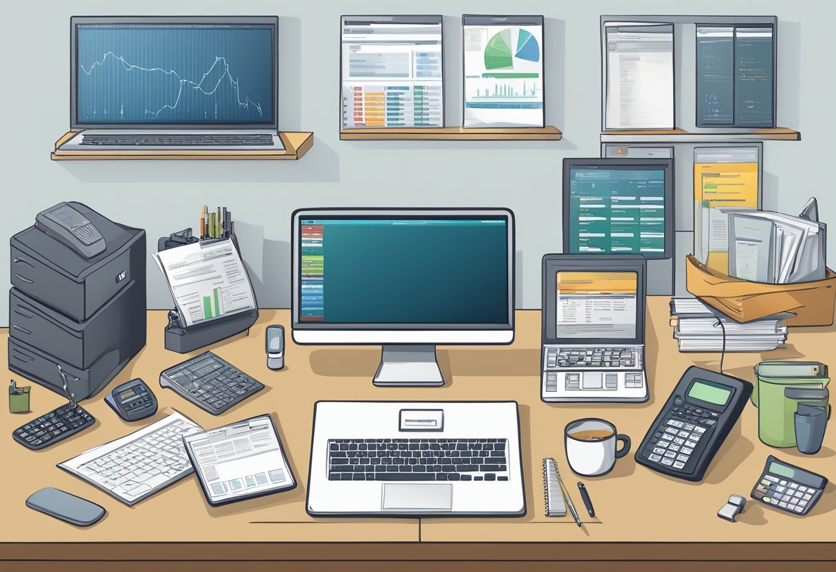 An office desk with a computer screen displaying accounting software options for oil and gas companies, surrounded by relevant industry materials and a calculator