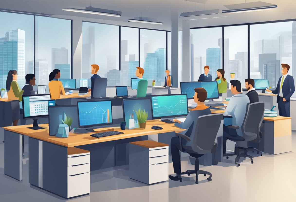 A bustling oil and gas company office with employees using advanced accounting software to manage financial data and streamline operations