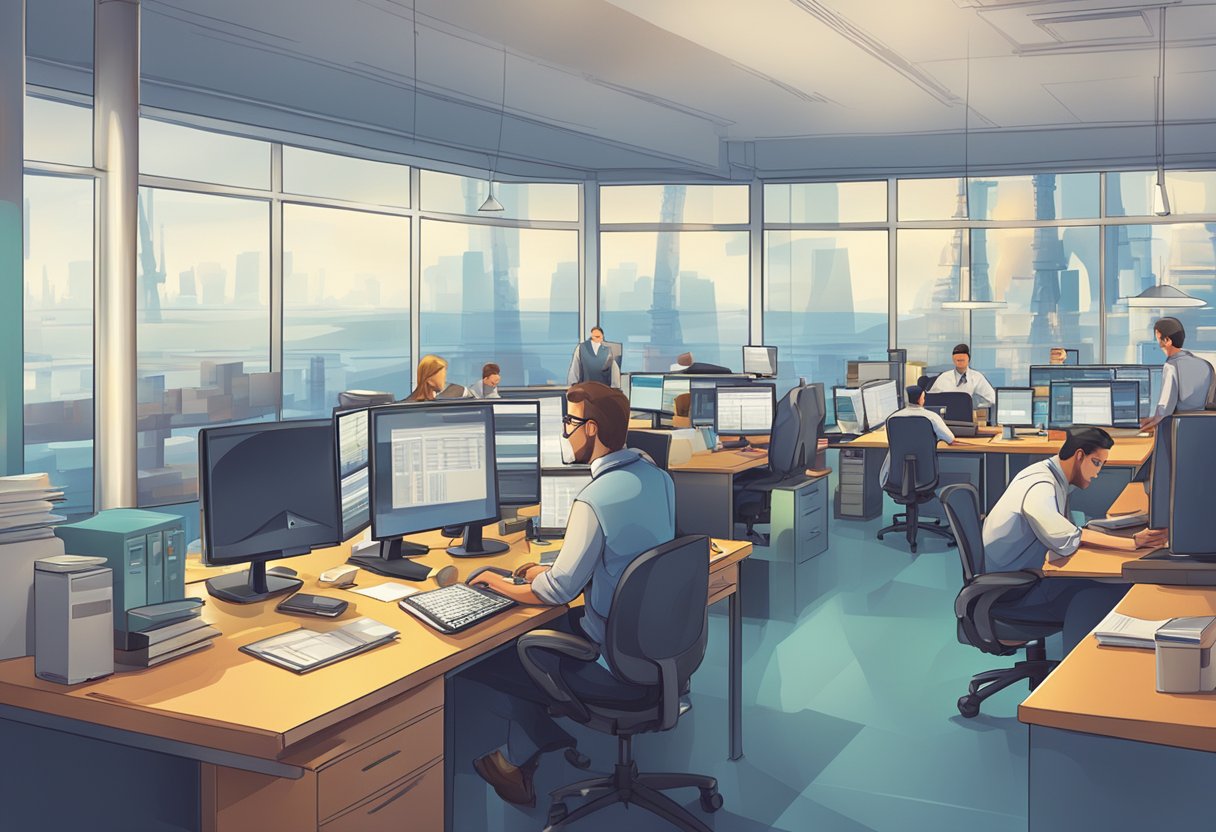 A busy office with computers and paperwork, a large oil rig in the background, and employees working on accounting software
