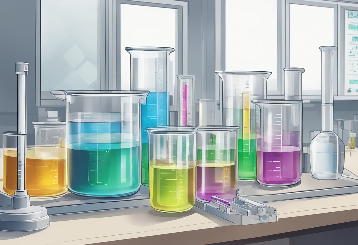 2-Furoyl Chloride: A transparent, colorless liquid in a laboratory beaker, emitting a pungent odor. Surrounding equipment includes glassware, a pipette, and a chemical formula chart on the wall