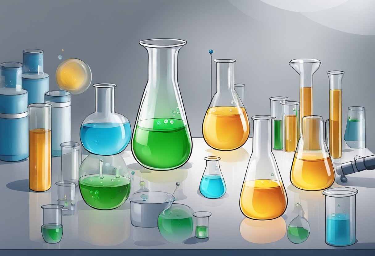 A glass beaker containing 2-Furoyl Chloride being mixed with a chemical reagent in a laboratory setting