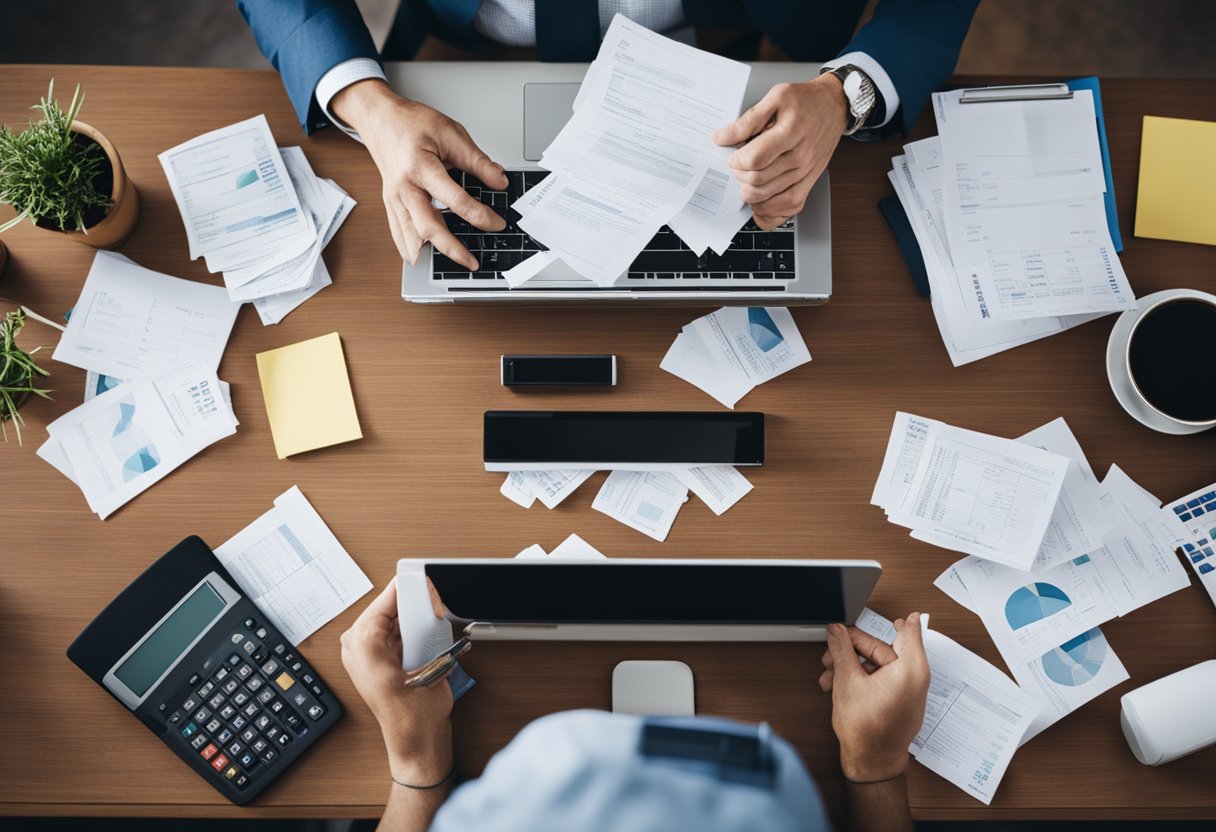 A person sits at a cluttered desk with bills and a laptop. They look determined as they create a budget and research debt repayment options