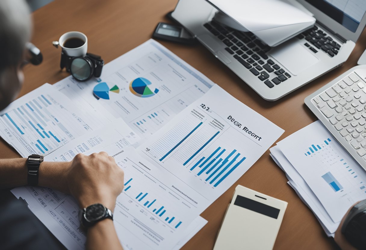 A person creating a budget, paying off debts, and rebuilding credit. Documents, bills, and a credit report on a desk. Graphs showing progress