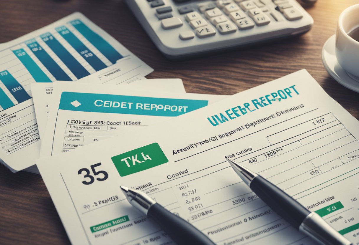 A pile of unpaid bills and a credit report showing a low score. An arrow pointing upwards symbolizing improvement