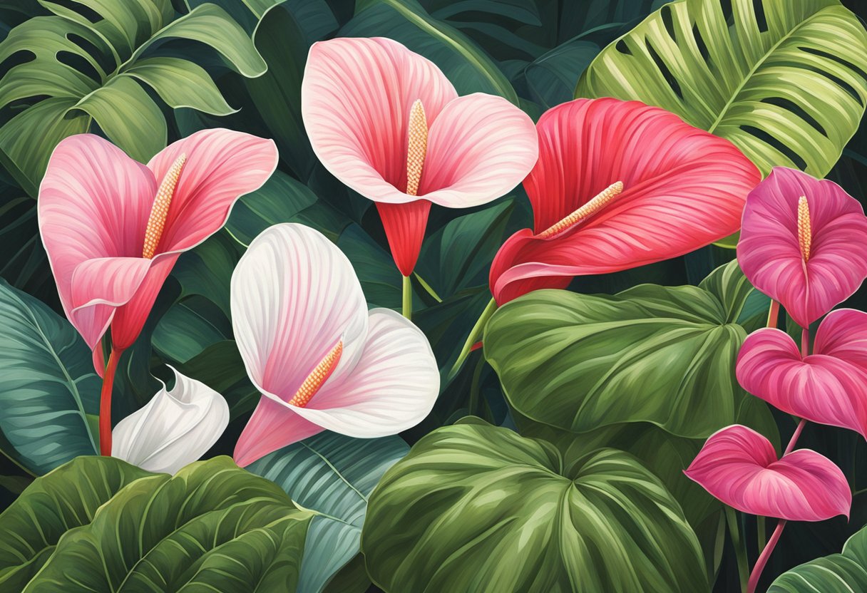 Vibrant red, pink, white anthuriums in a lush tropical garden setting