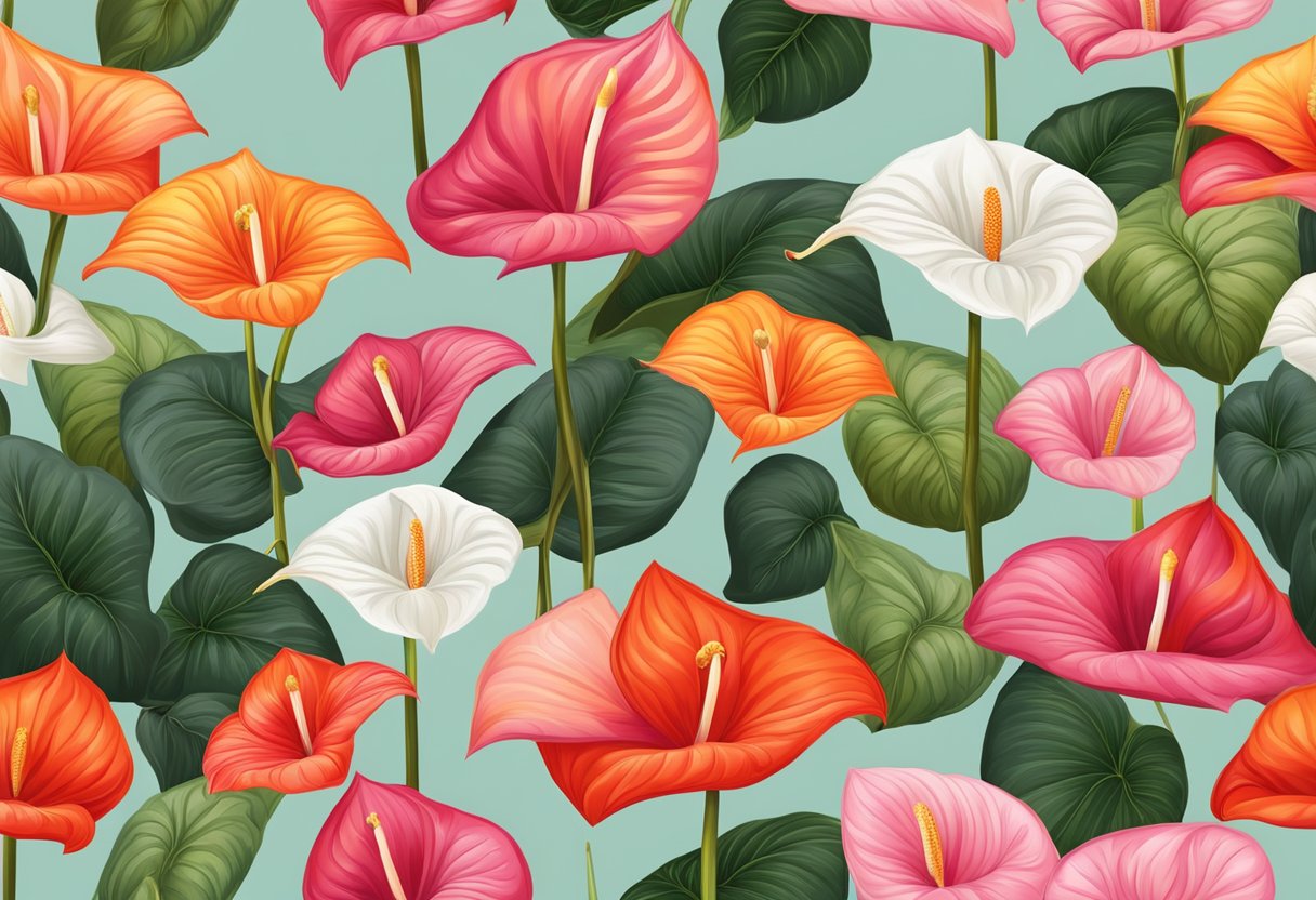 A collection of anthurium flowers in various colors, including red, pink, white, and orange, arranged in a vibrant and eye-catching display