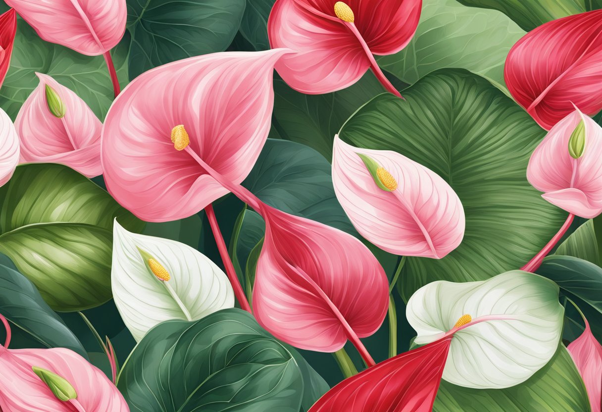 Anthurium flowers in red, pink, and white. Leaves are glossy green