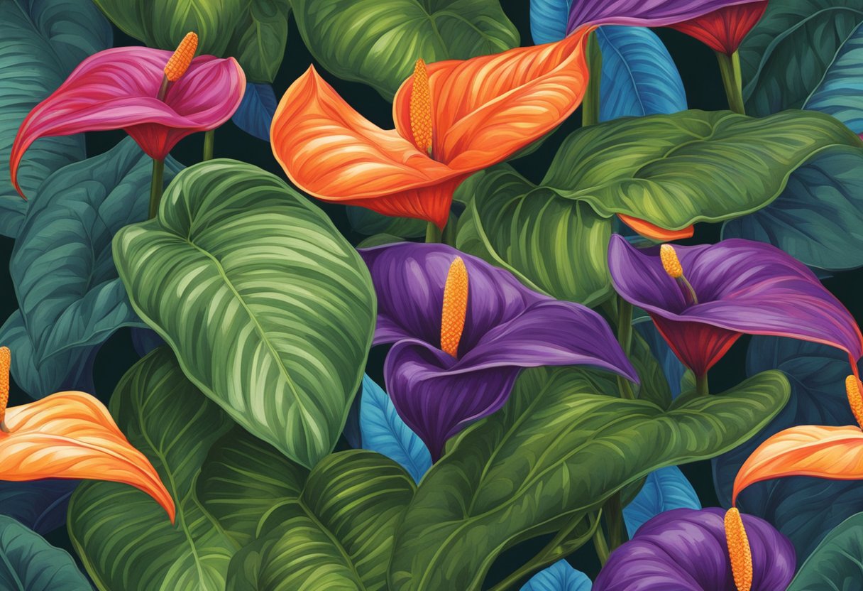 Vibrant anthurium blooms in rare and unusual colors, including deep purple, electric blue, and fiery orange, set against lush green foliage