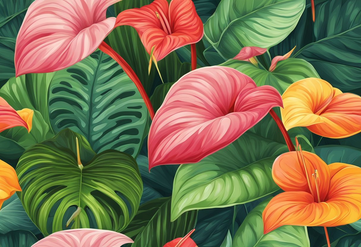 Vibrant anthurium flowers in various colors, surrounded by lush green foliage and set against a backdrop of a tropical rainforest