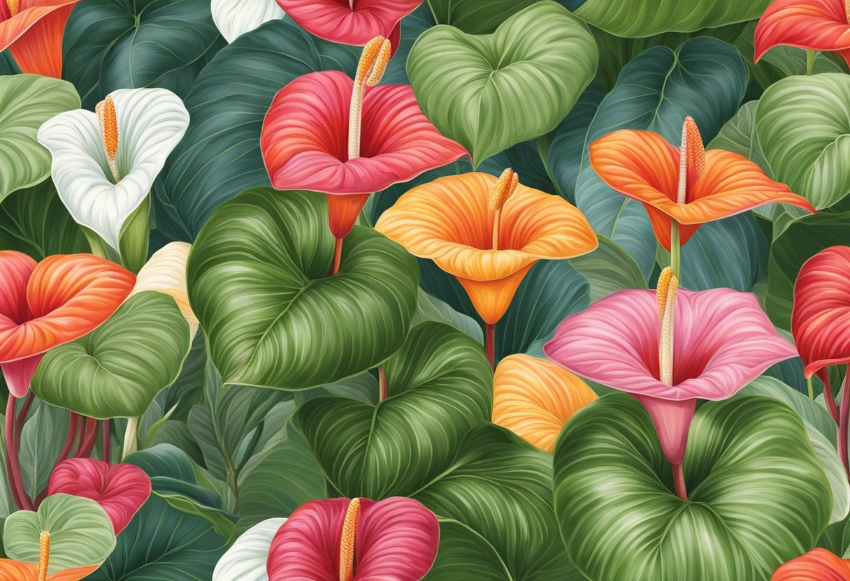 Anthurium plants in various colors, including red, pink, white, and orange, are being carefully cultivated and bred for color variations