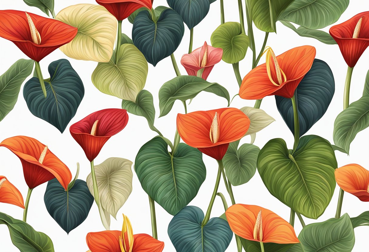 Anthuriums in various colors displayed on a table