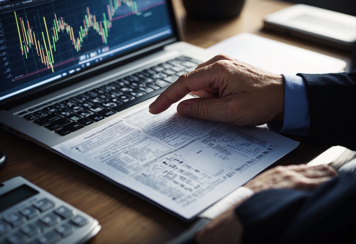 A person reading a comprehensive stock market guide, surrounded by financial charts and graphs, with a computer and calculator on the desk