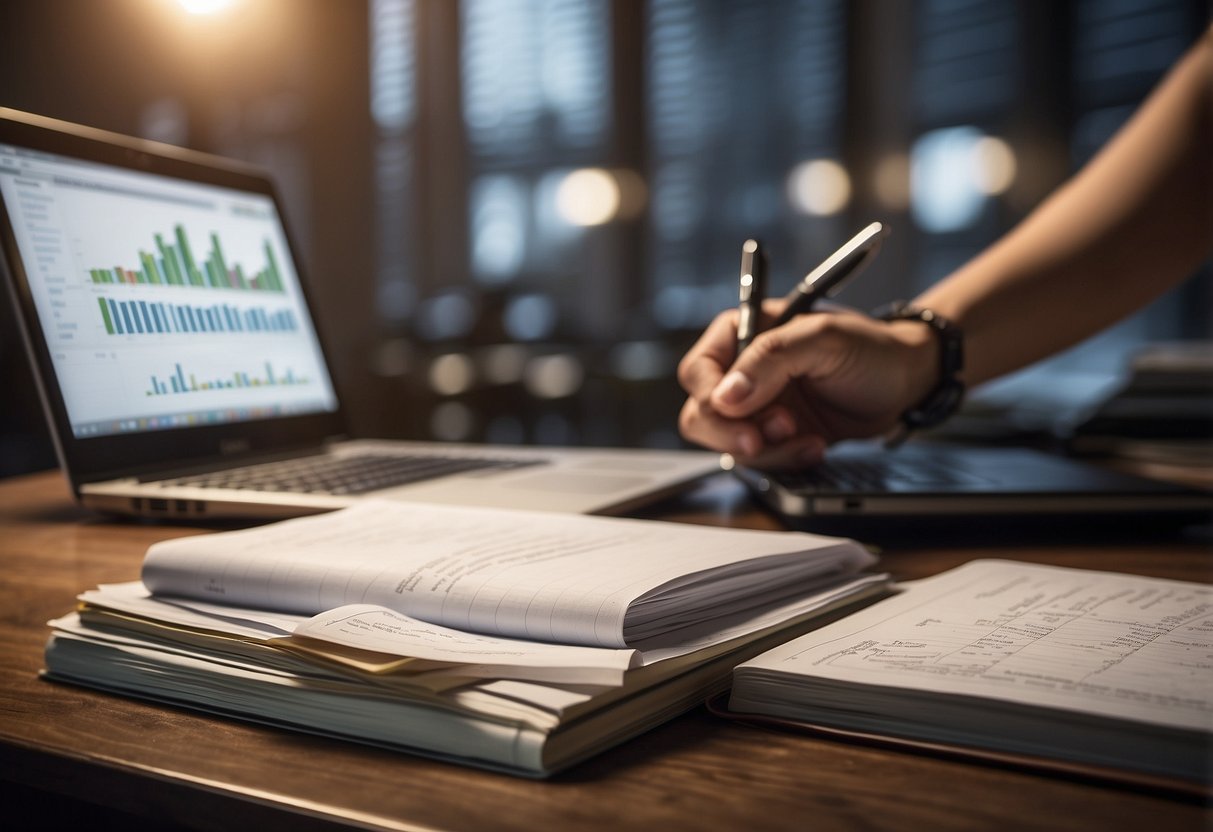 A pile of financial books and a laptop on a desk, surrounded by charts and graphs. A hand reaches for a pen to take notes