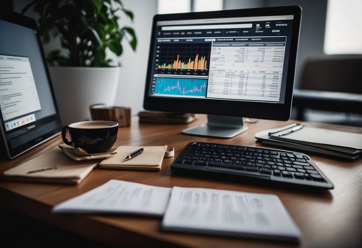 A desk with a computer, financial charts, and a notebook. A person's hand holding a pen, analyzing stock data. A book titled "Estratégias e Análises para Investir Investindo em Ações: Guia Completo