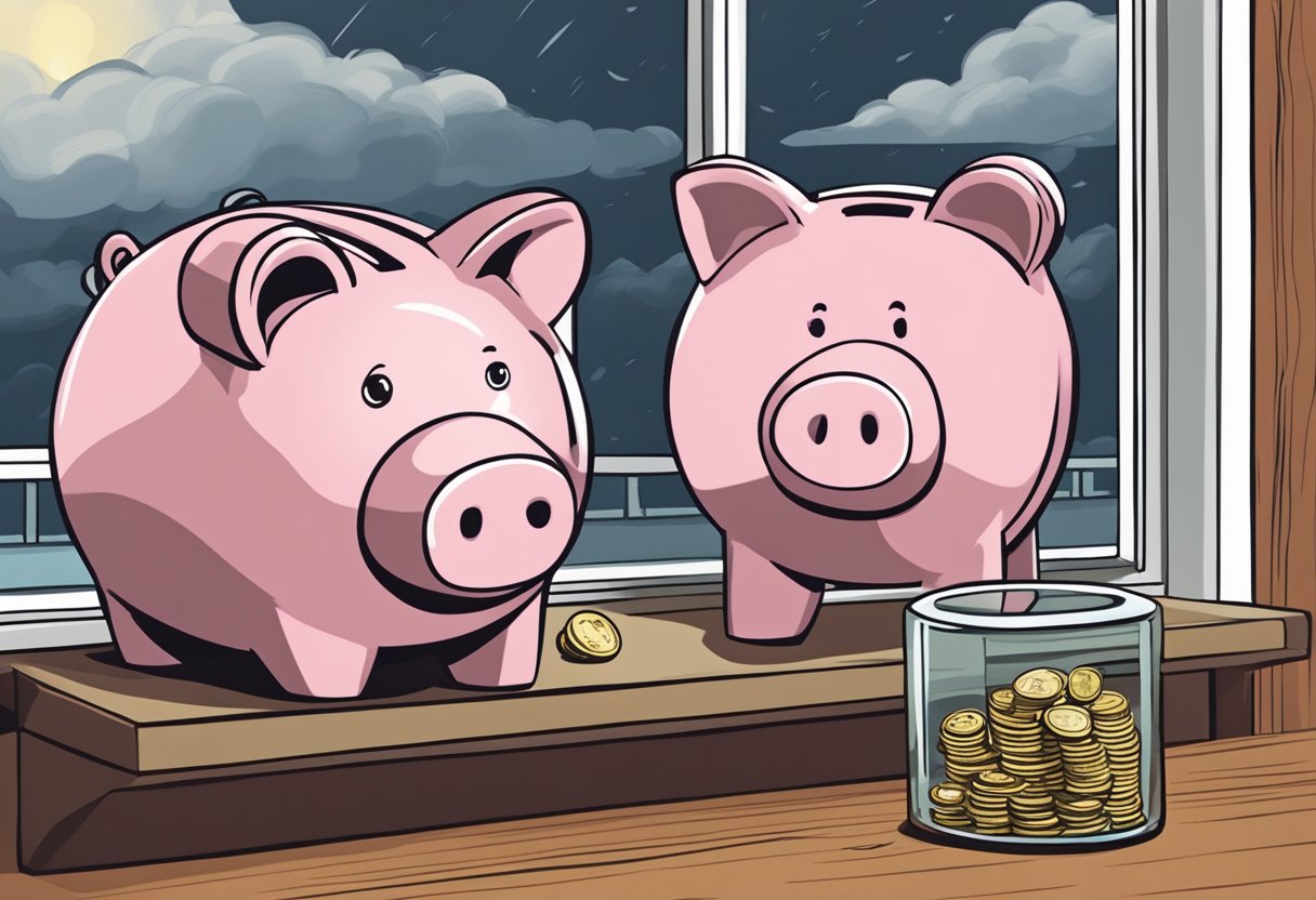 A piggy bank sits on a shelf, with a small stack of coins next to it. A calendar on the wall shows the date, and a stormy sky outside the window suggests the need for emergency funds