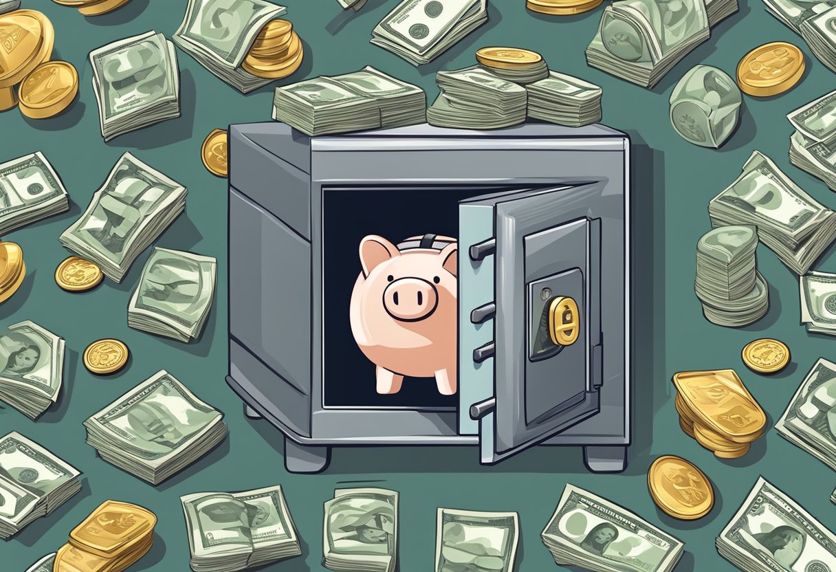 A stack of cash and coins in a safe or piggy bank, surrounded by symbols of security and stability such as a house, a car, and medical supplies