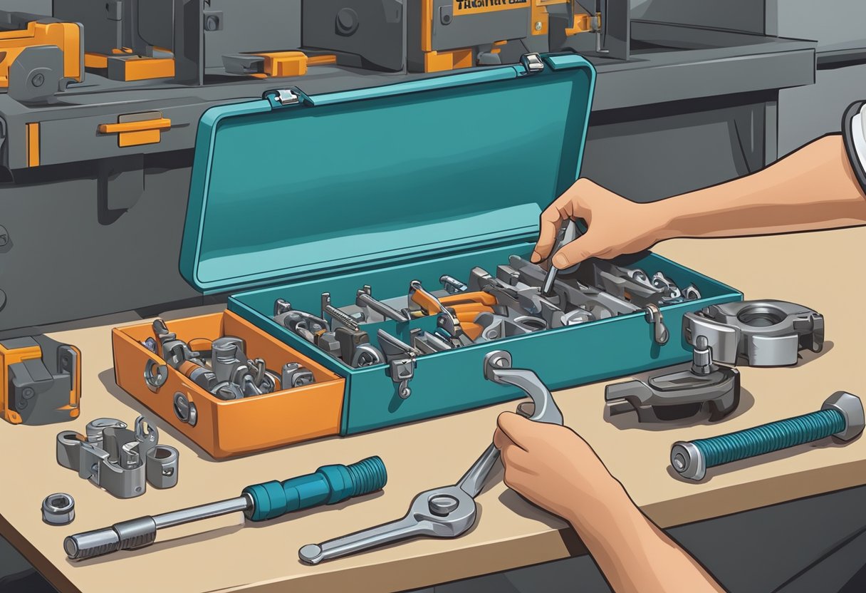 A person using a wrench to tighten a bolt on a mechanical device, with a toolbox nearby and a maintenance manual open on a table