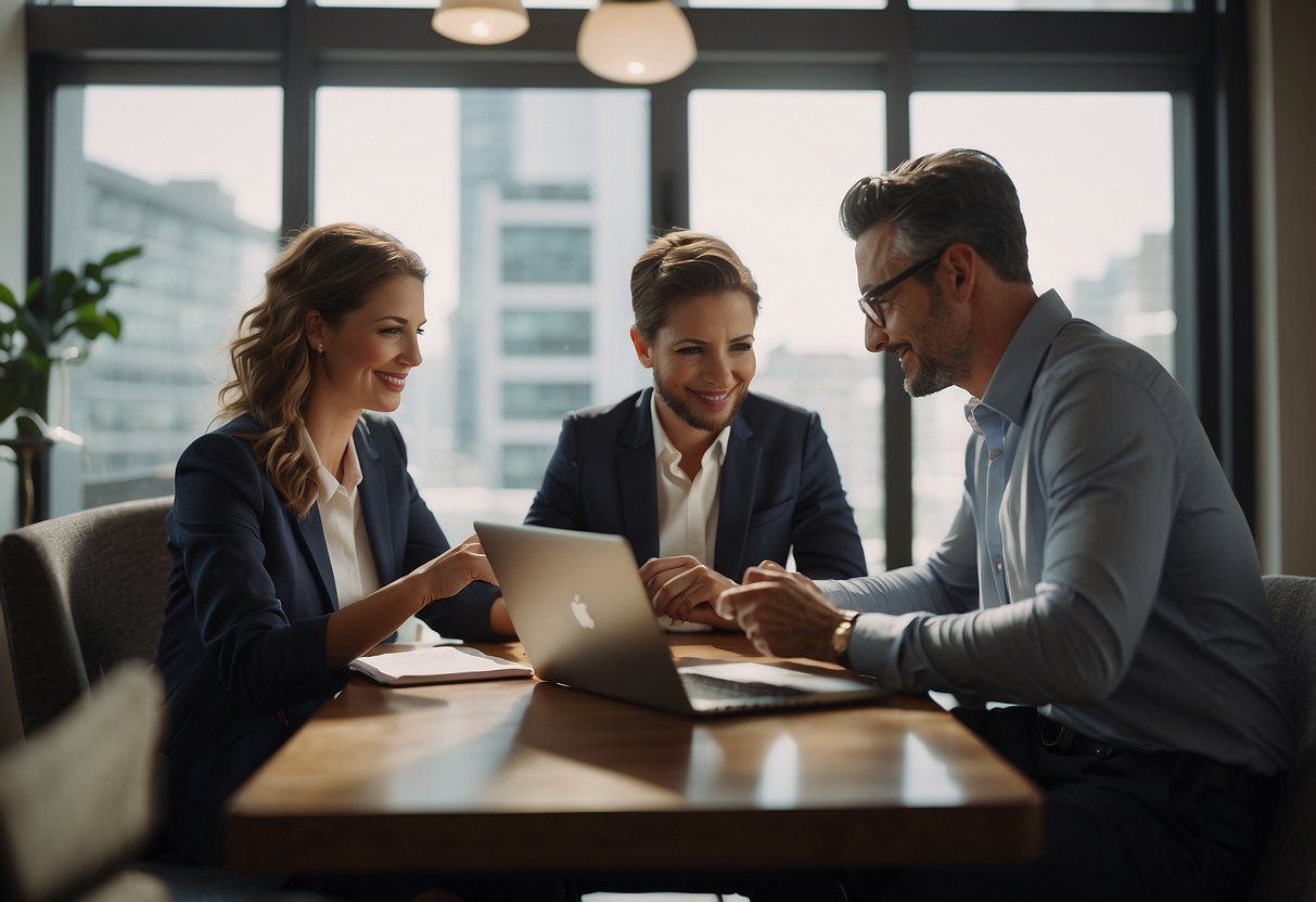 A couple sits at a table with financial documents and a laptop, discussing and planning their financial future together