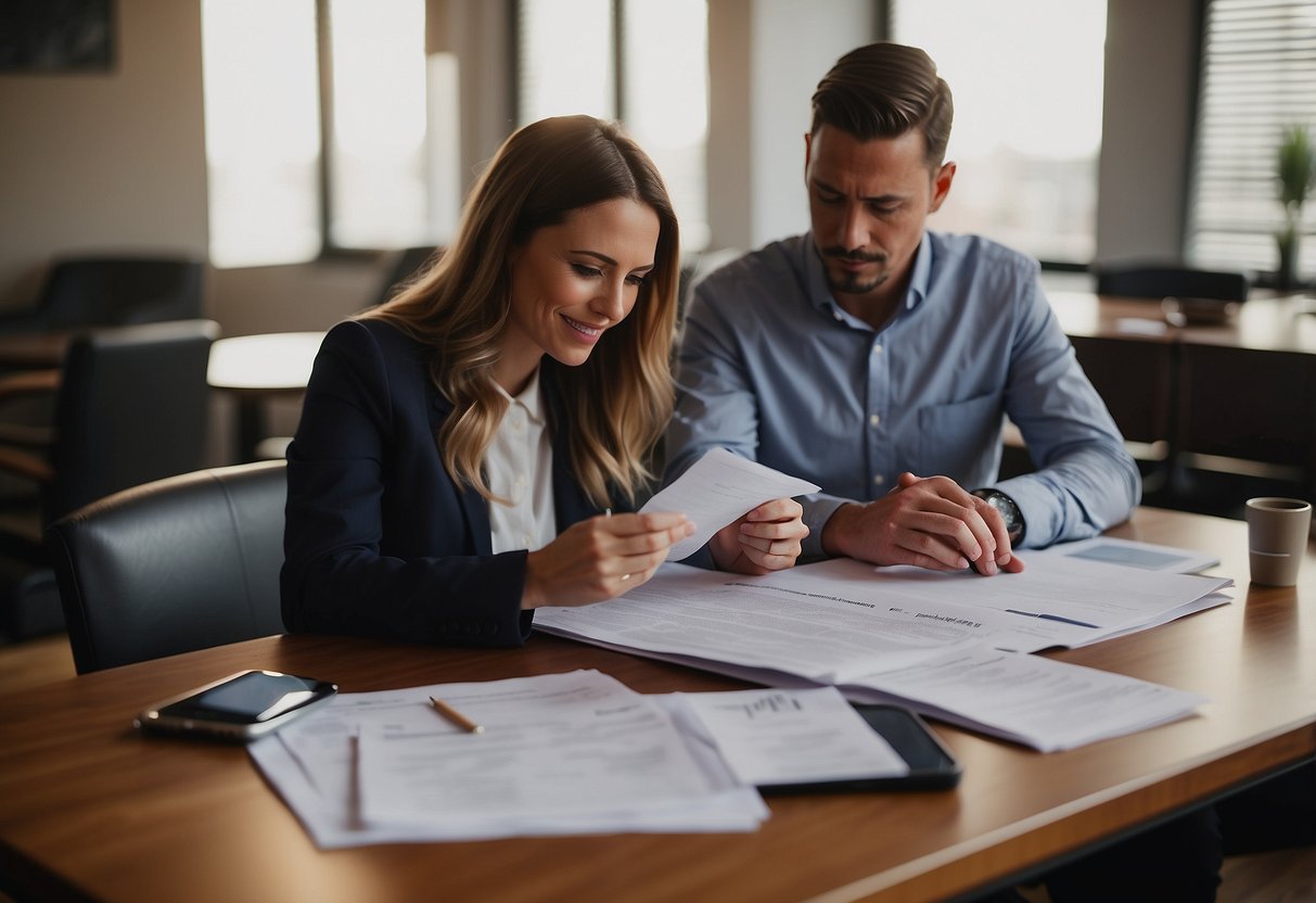 A couple sits at a table with financial documents, discussing and planning their joint financial future