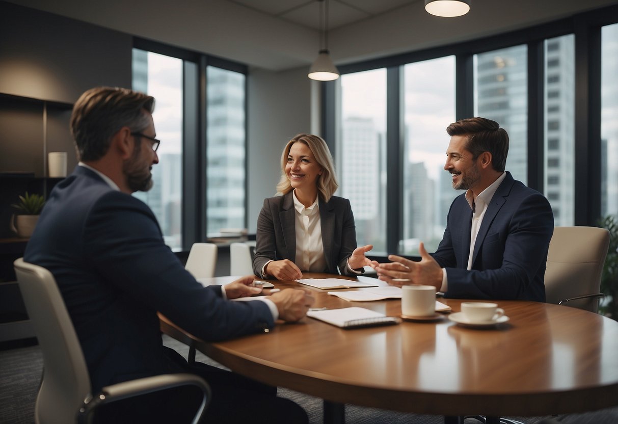 A couple discussing financial planning with an investment manager in a cozy office setting