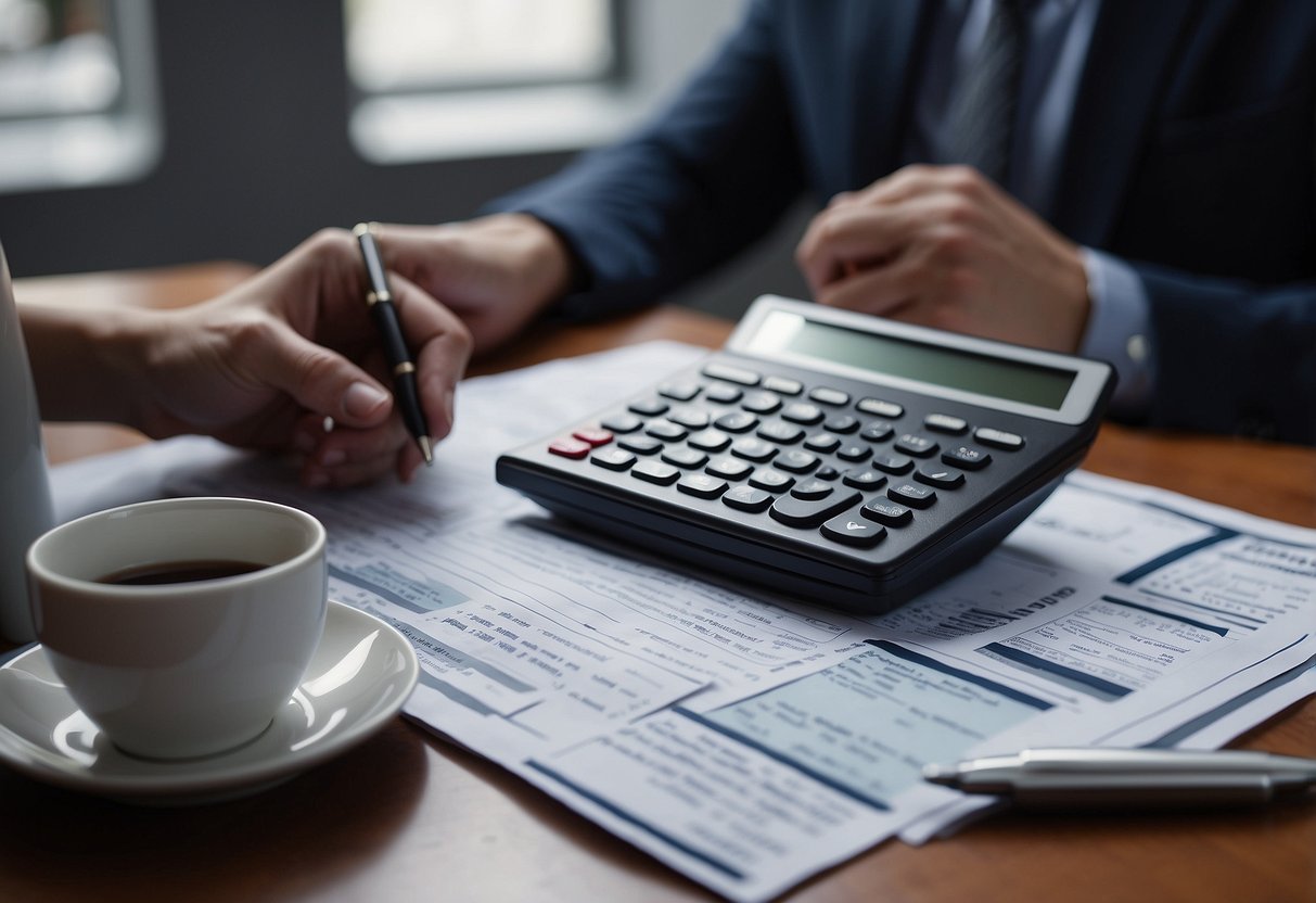 A person sitting at a desk surrounded by financial documents, a calculator, and a laptop. They are reviewing their budget and making notes on a notepad