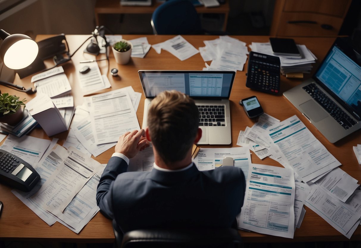 A person sitting at a desk, surrounded by bills, a laptop, and a calculator. They are carefully reviewing their finances and creating a budget to manage their expenses during a time of crisis