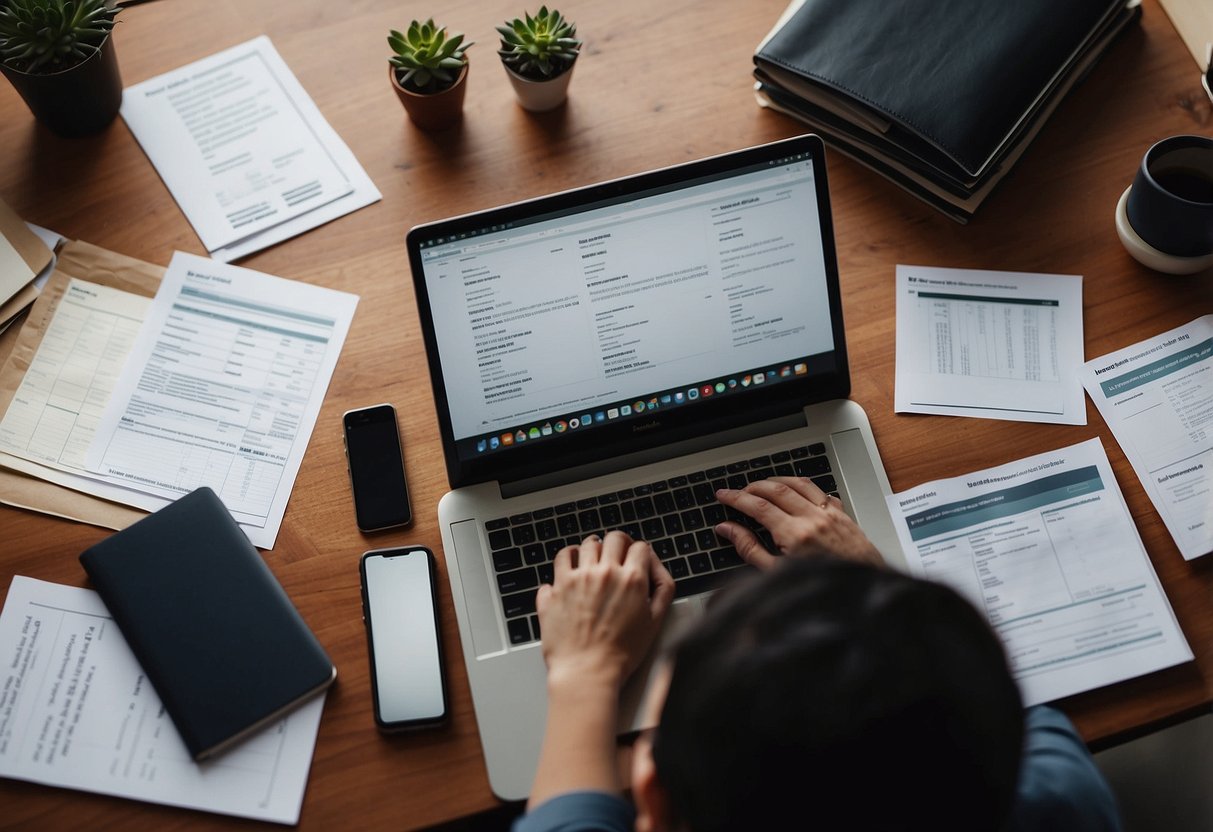 A person sitting at a desk, surrounded by financial documents and a laptop. They are carefully reviewing their budget and making notes on how to increase income and reduce debt