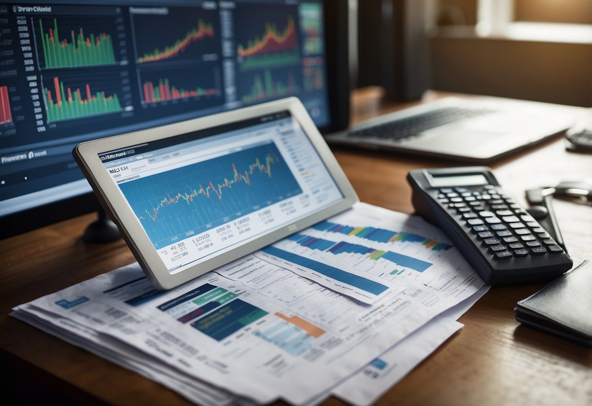 A pile of financial documents, charts, and graphs scattered on a desk, with a computer screen displaying investment fund performance