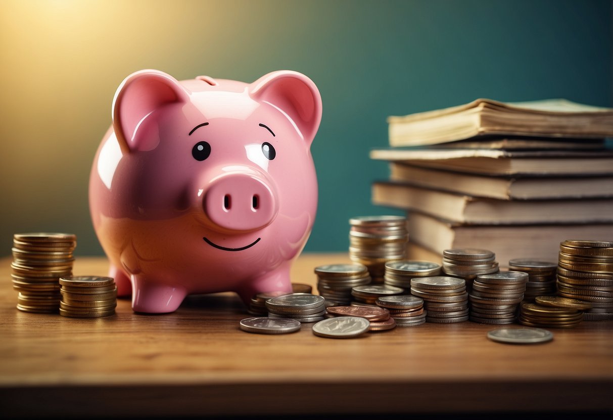 A colorful piggy bank sits on a desk, surrounded by stacks of coins and dollar bills. A book titled "Educação Financeira para Crianças" lies open nearby, with illustrations of happy children learning about money