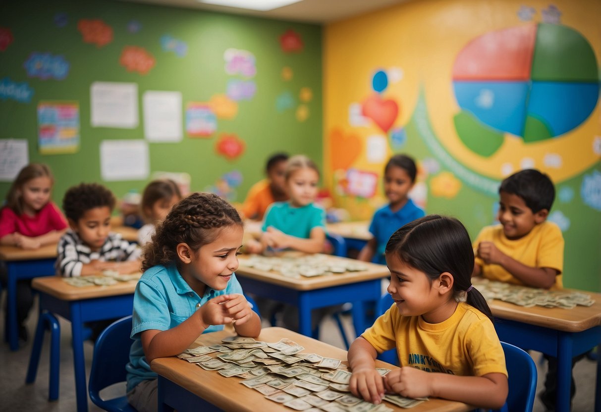 A colorful classroom with children engaged in activities like counting money, budgeting, and saving. Charts and visuals about financial concepts decorate the walls