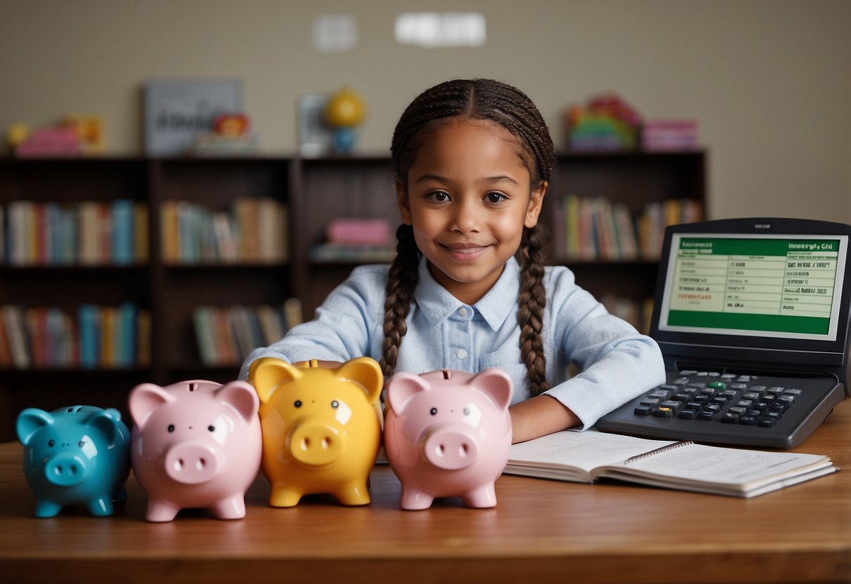 A child sits at a desk with piggy banks, books, and a calculator. A parent teaches them about money management and financial literacy