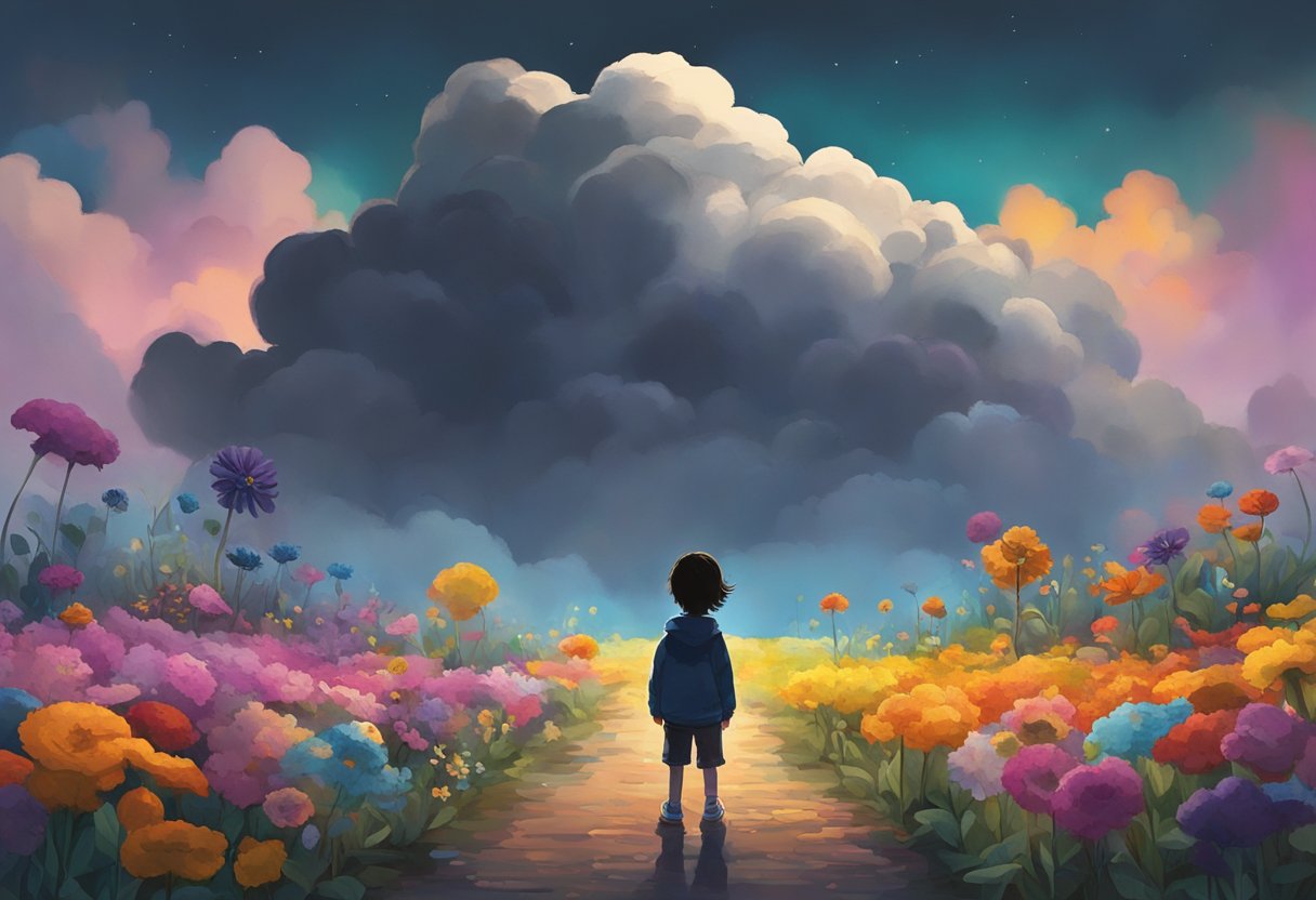 A dark cloud looms over a child, casting a shadow on their once bright and colorful world. The child stands alone, surrounded by broken toys and wilted flowers, with a heavy weight of sadness and fear in their eyes